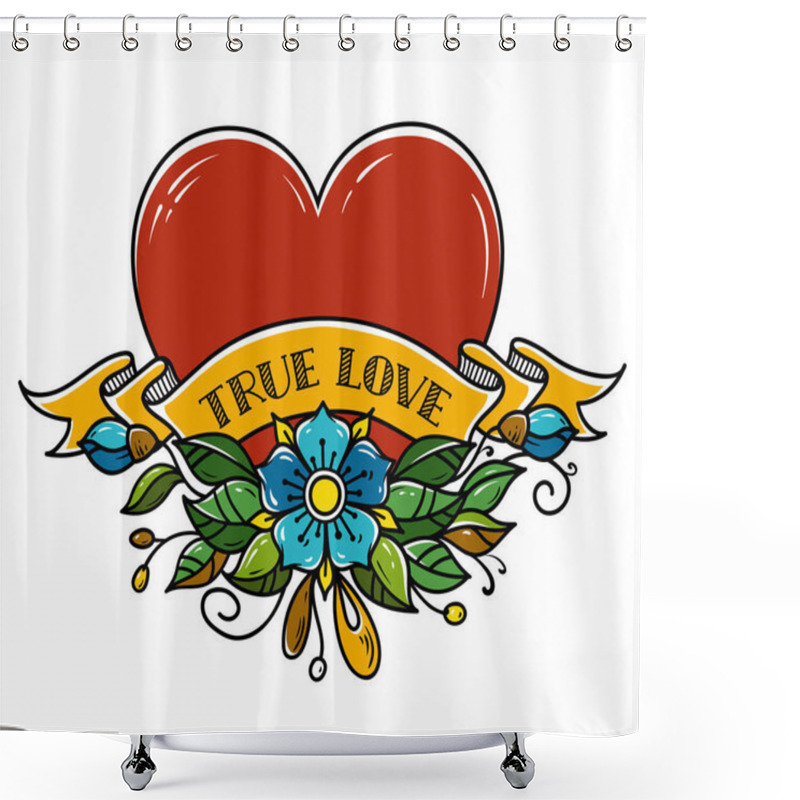 Personality  Tattoo Heart Pierced With Arrow. Heart Decorated With Flowers, Leaves And Ribbon. True Love. Amour Symbol Shower Curtains