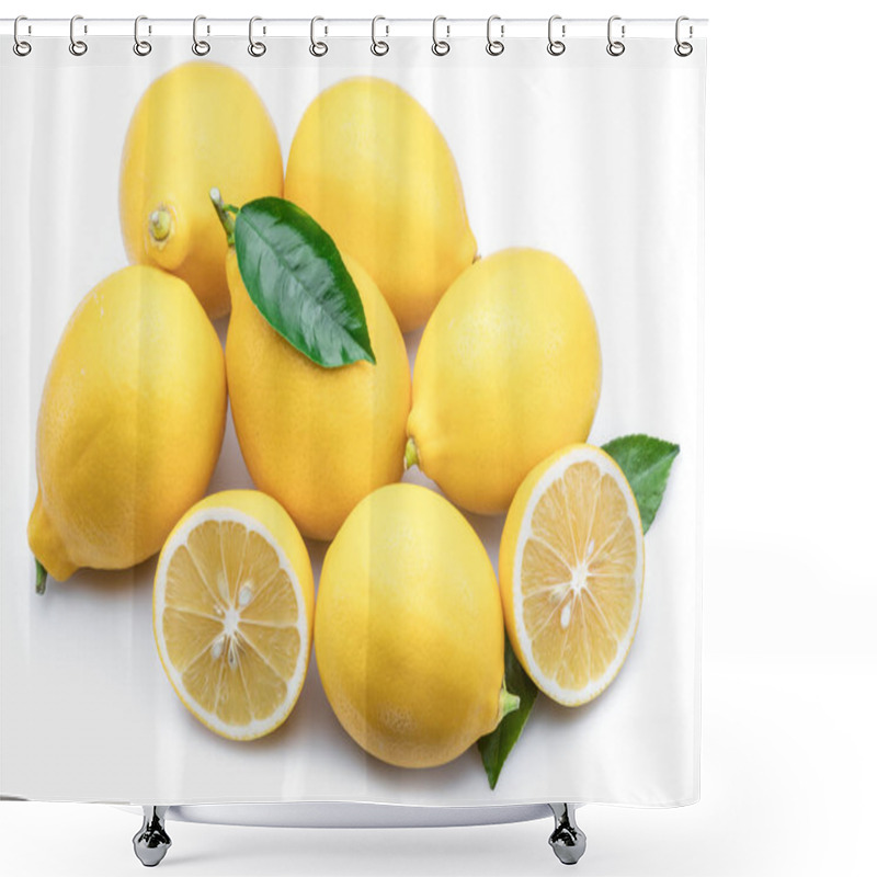 Personality  Ripe Lemon Fruits With Lemon Leaf On The White Background. Shower Curtains