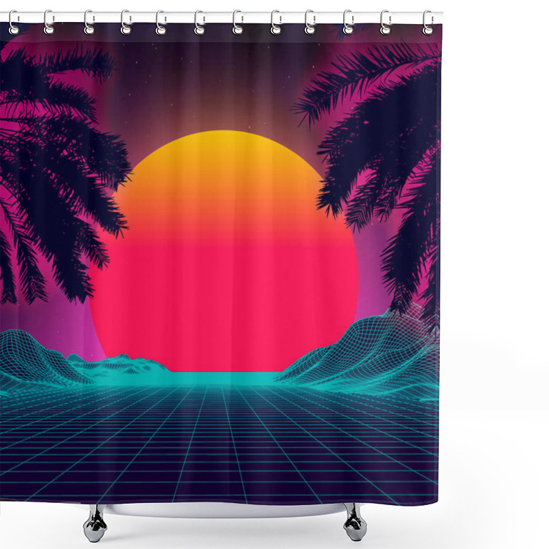 Personality  3d Sunset On The Beach. Retro Palms Vector Sci Fi Background. Digital Landscape Cyber Surface. 80s Party Background. Shower Curtains