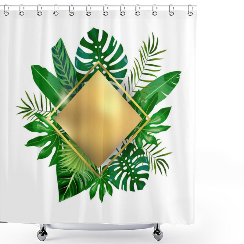 Personality  Golden Rhombus And Tropical Leaves, Palms, Monstera Leaf, Floral Vector Background. Fashionable Template On White Background For Banner, Greeting Card, Post, Sticker, Invitation, Wedding, Sale Shower Curtains