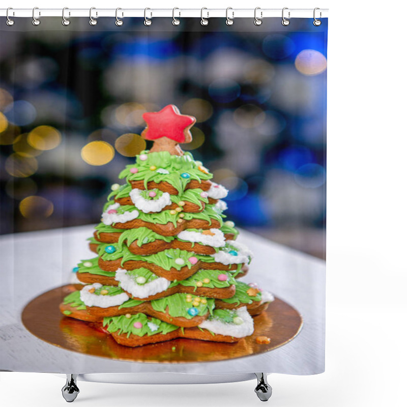 Personality  Gingerbread Fir Tree In Front Of Defocused Lights Of Chrismtas Decorated Living Room. Holiday Sweets. New Year And Christmas Theme. Festive Mood. Shower Curtains