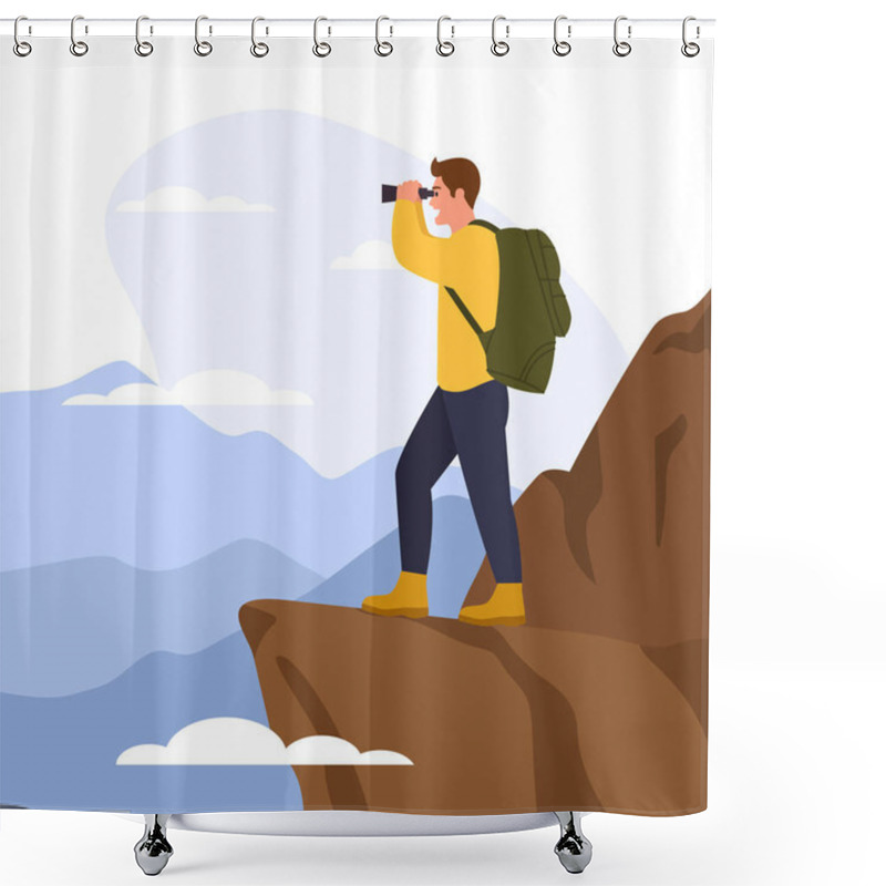 Personality  Vector Illustration Of A Boy Who Climbed A Mountain And Looked Through Binoculars. Cartoon Scene With A Boy Traveler With A Backpack Who Looks From The Mountain Through Binoculars Isolated On A White. Shower Curtains