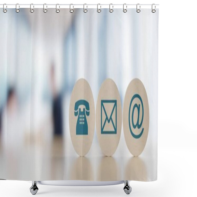 Personality  Wooden Round Telephone, Envelope Letter And E-mail Symbols In A Row On Wooden Table With A Blurred Office In The Background, Contact Us Symbols Or Banner With Copy Space, 3D Illustration Shower Curtains