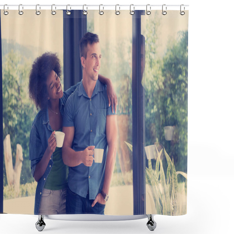 Personality  Romantic Happy Young Couple Relax At Modern Home Indoors Shower Curtains