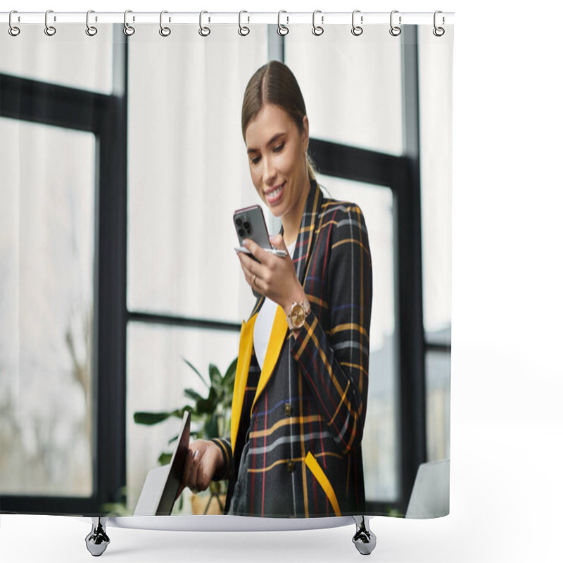 Personality  Young Professional Is Engaged With Her Smartphone While Working In A Stylish Office Environment. Shower Curtains