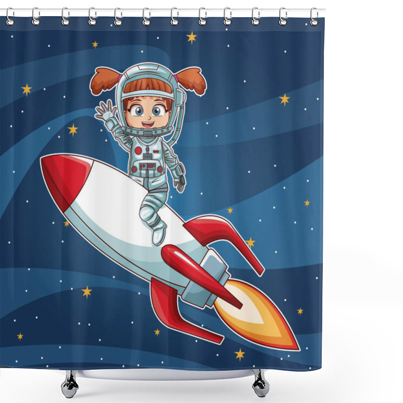 Personality  Girl On Space With Rocket Cartoon Shower Curtains