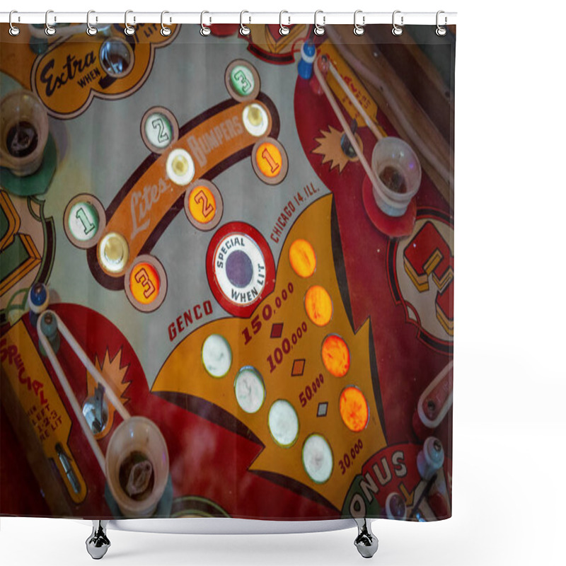 Personality  Budapest, Hungary - March 25, 2018: Pinball Museum. Pinball Table Close Up View Of Vintage Machine Shower Curtains