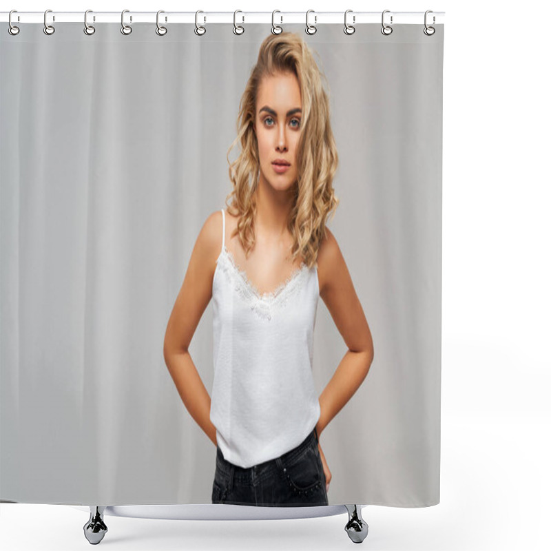 Personality  Portrait Of Beautiful Sexy Blonde Woman Over Gray Background Shower Curtains