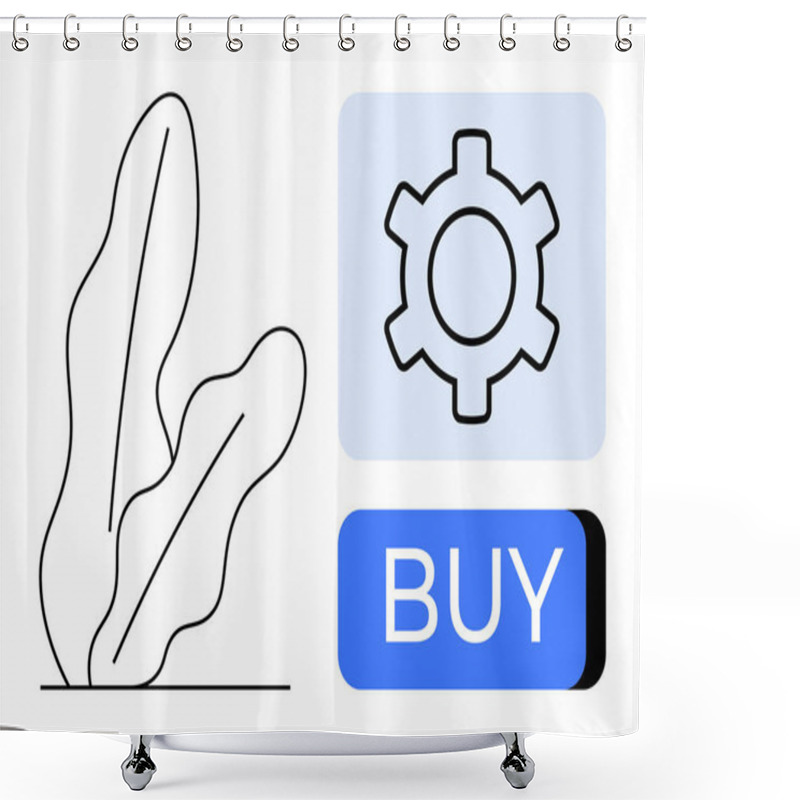 Personality  Abstract Black Line Plant, Gray Settings Gear In Blue Square, And Blue BUY Button Convey Ecommerce And Functionality. Ideal For Tech Interfaces, Shopping Sites, Digital Shopping Guides, User Shower Curtains