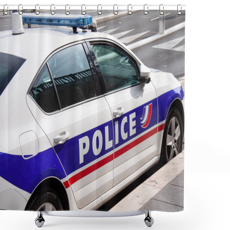 Personality  French Police Car Parked. Nice, France - September 27, 2021.  Shower Curtains