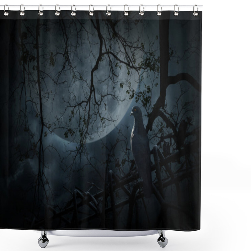 Personality  Bird Stand On Old Fence Over Dead Tree, Moon And Cloudy Sky, Mys Shower Curtains