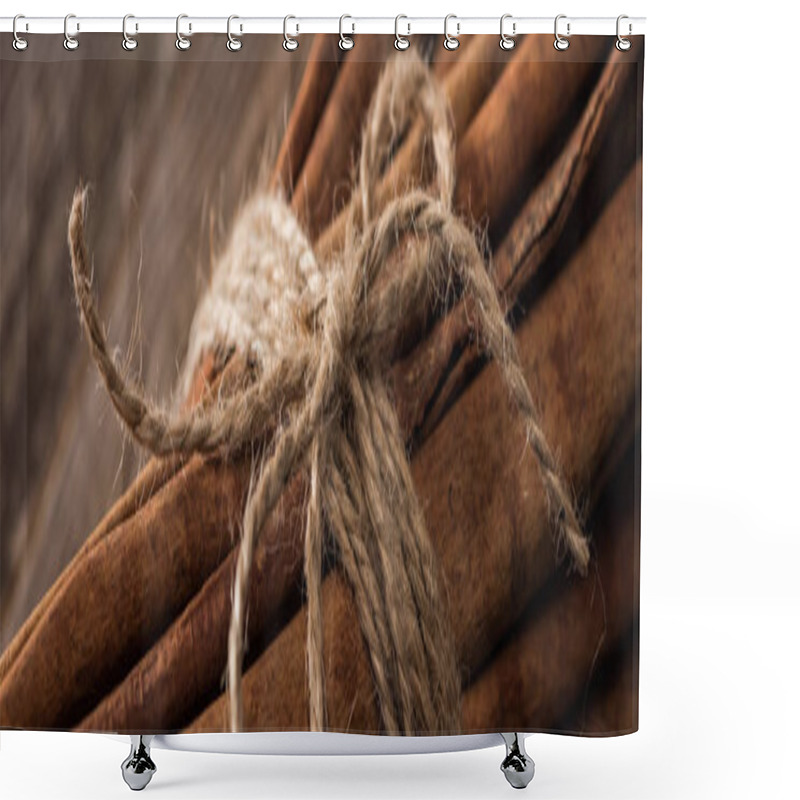 Personality  Close Up View Of Cinnamon Sticks In Bunch On Wooden Rustic Table, Panoramic Shot Shower Curtains