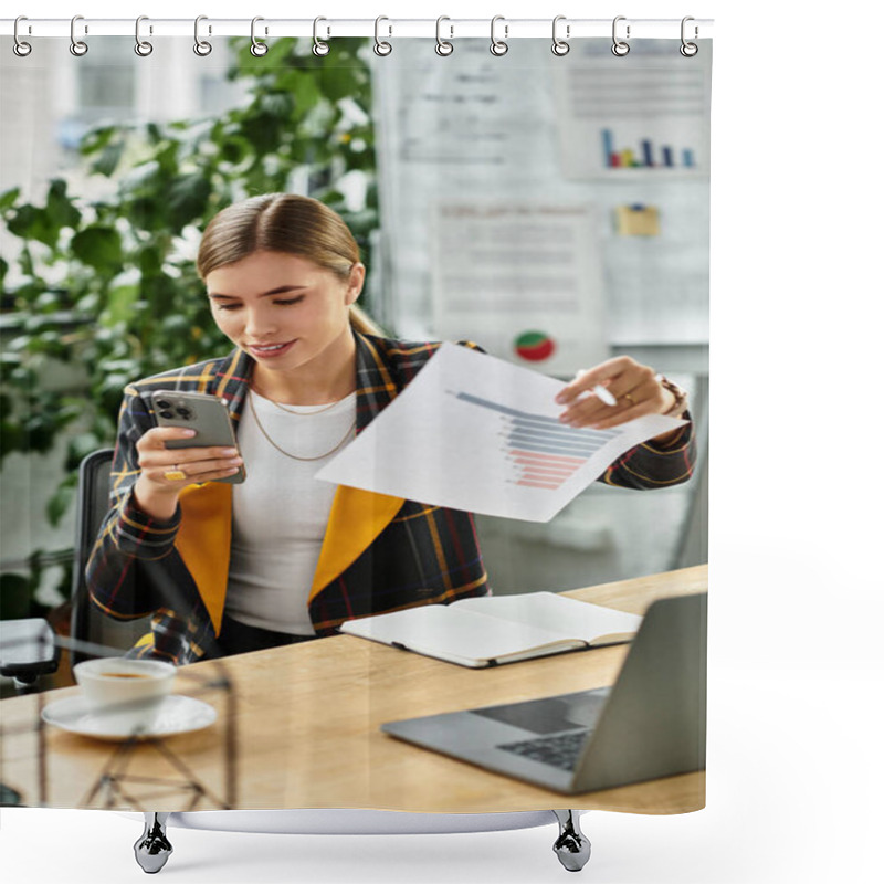 Personality  Engaging In Work, A Young Woman Reviews Data On Her Phone While Examining Charts At Her Desk. Shower Curtains