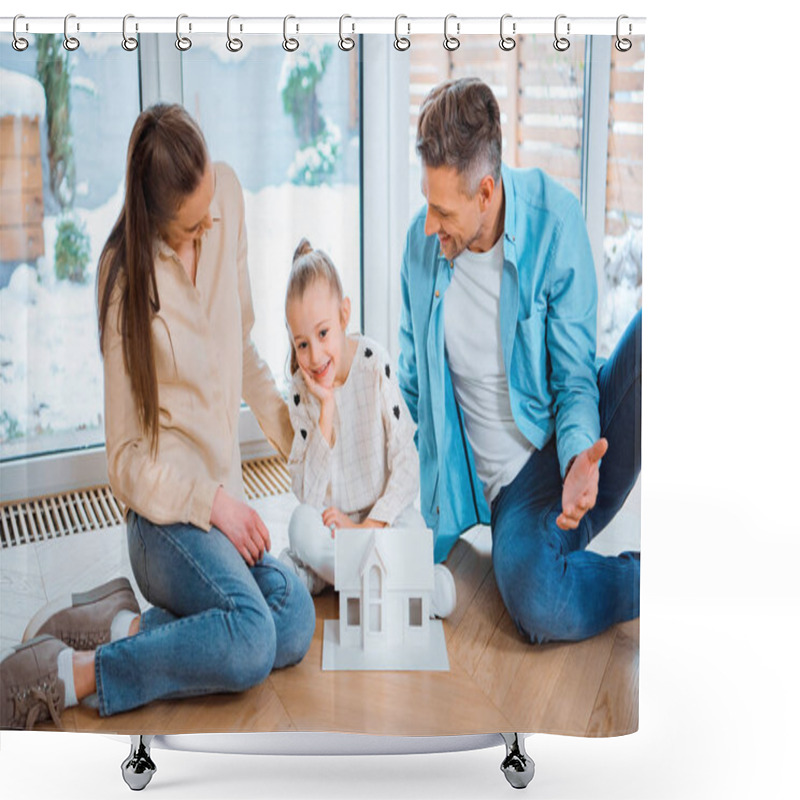 Personality  Happy Husband And Wife Looking At Smiling Daughter Near House Model While Sitting On Floor In New Home Shower Curtains