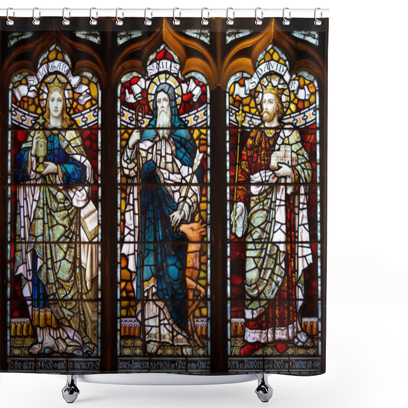 Personality  Edinburgh, Scotland - Nov 20, 2017: Stained Glass Of Edinburgh Cathedral, Scottish Patron Stained Glass Window Second Part Inc St Margaret, St Giles, St David Shower Curtains