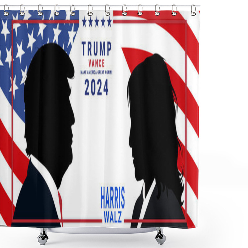 Personality  Character Illustration Of Kamala Harris Facing Off Against Donald Trump. Portrait Of Trump, Harris And Their Campaign Logos. Shower Curtains