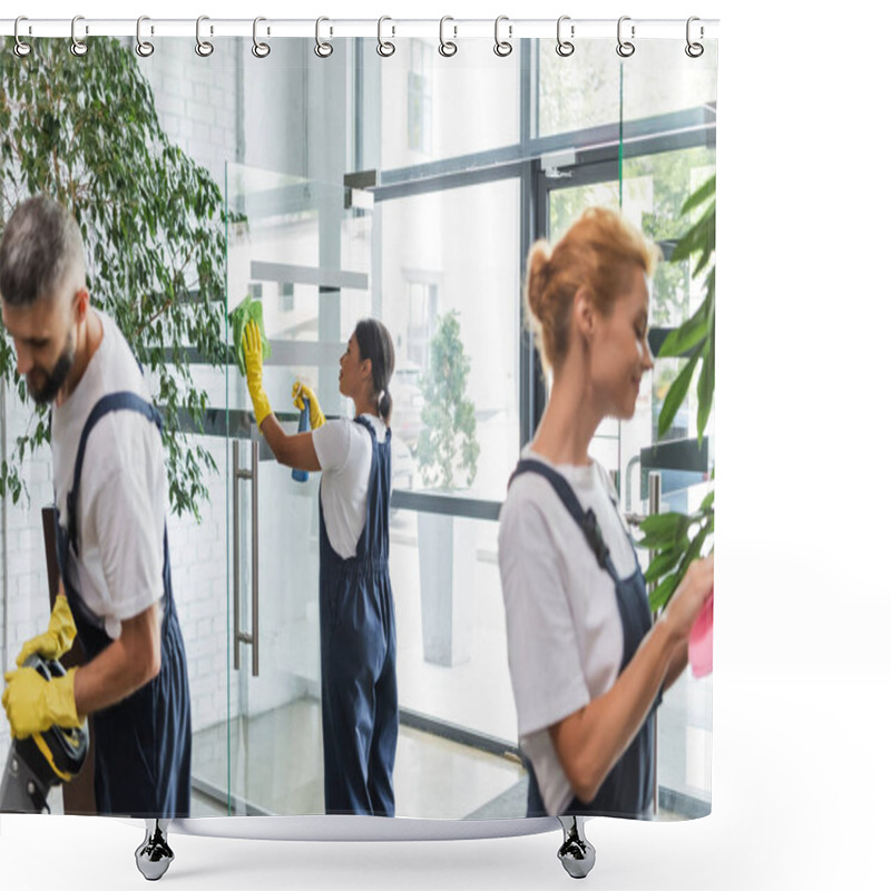 Personality  Multiethnic Team Of Professional Cleaners In Overalls Washing Office Lobby Shower Curtains