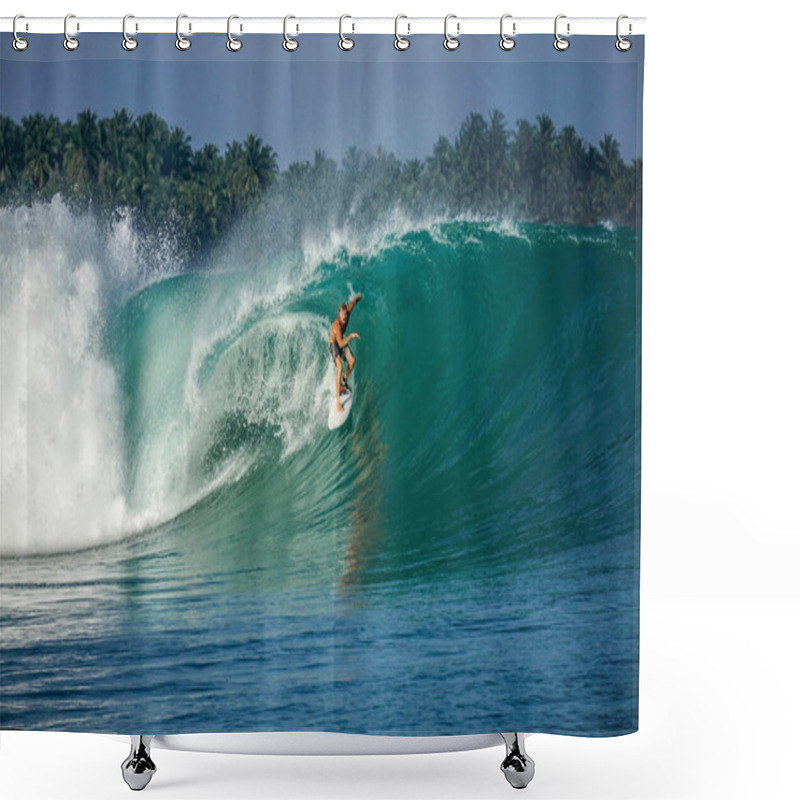 Personality  Surfer On Perfect Blue Big Tube Wave, Empty Line Up, Perfect For Surfing, Clean Water, Indian Ocean In Mentawai Islands, Spot EBay Shower Curtains