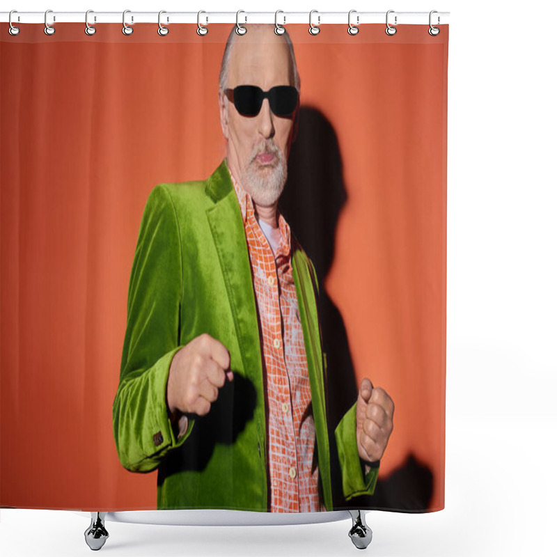 Personality  Cool Senior Man In Dark Sunglasses, Trendy Shirt And Green Velour Blazer Pouting Lips And Dancing While Having Fun On Red And Orange Background With Shadow, Happy Aging Concept Shower Curtains