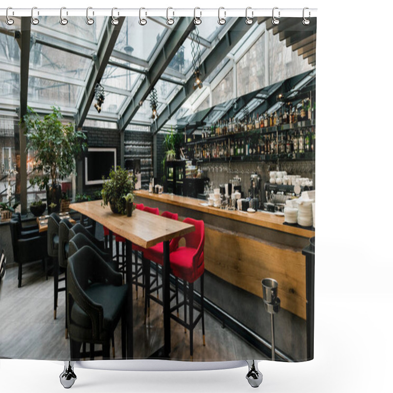 Personality  View Of Stylish Empty Cafe With Arranged Tables And Chairs For Visitors Shower Curtains