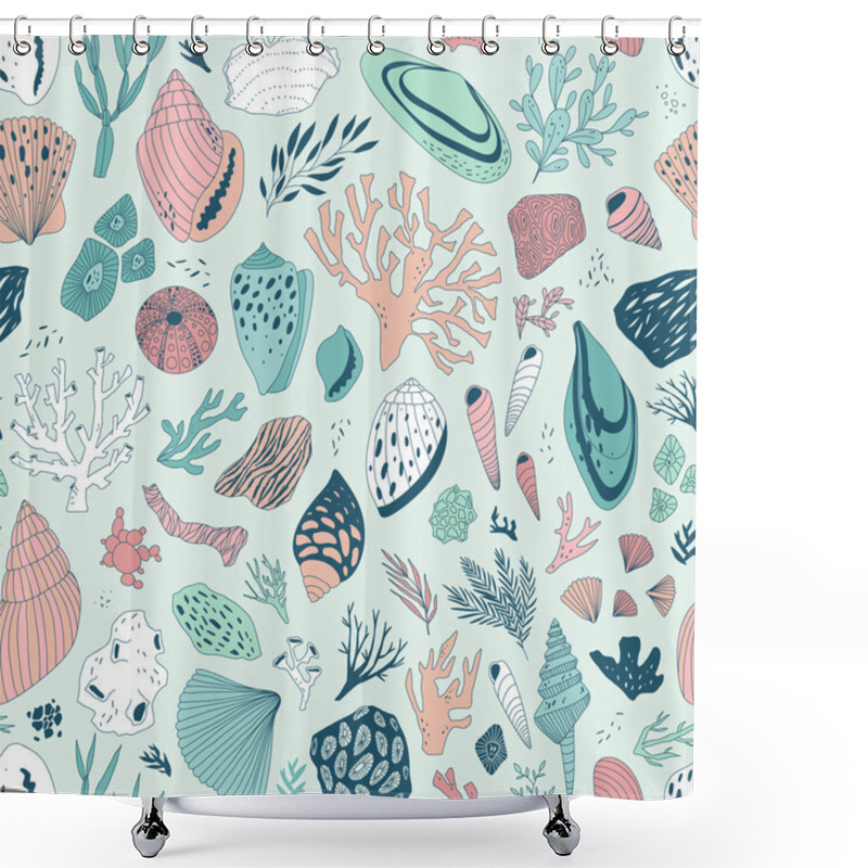 Personality  Vector Hand Drawn Seamless Pattern With Shells And Corals Shower Curtains