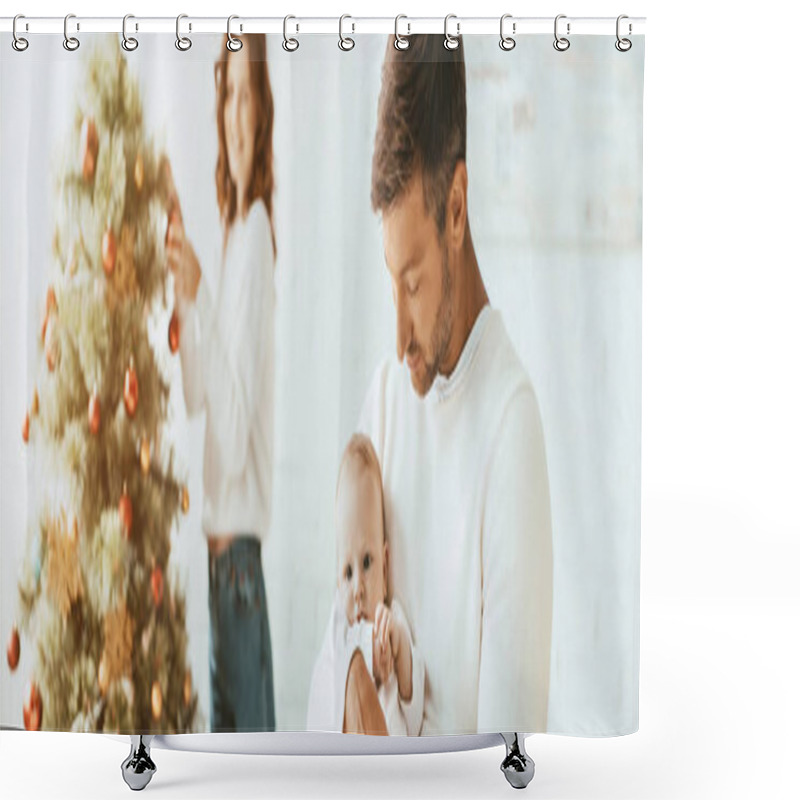 Personality  Panoramic Shot Of Woman Decorating Christmas Tree And Looking At Happy Husband Holding Infant Shower Curtains