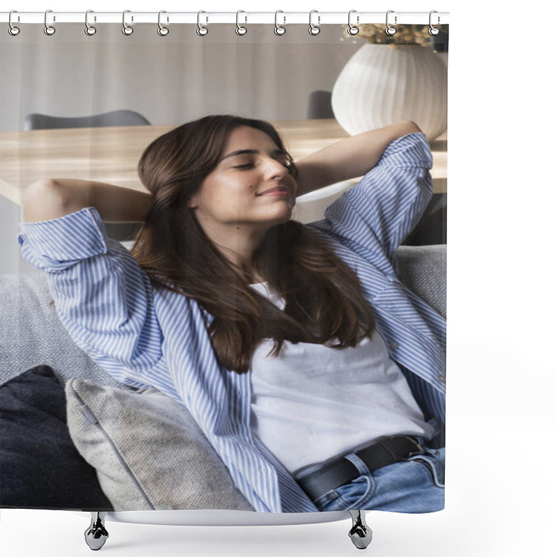 Personality  Relaxed Person Smiling Sitting On A Couch In The Living Room At Home With A Window  Shower Curtains