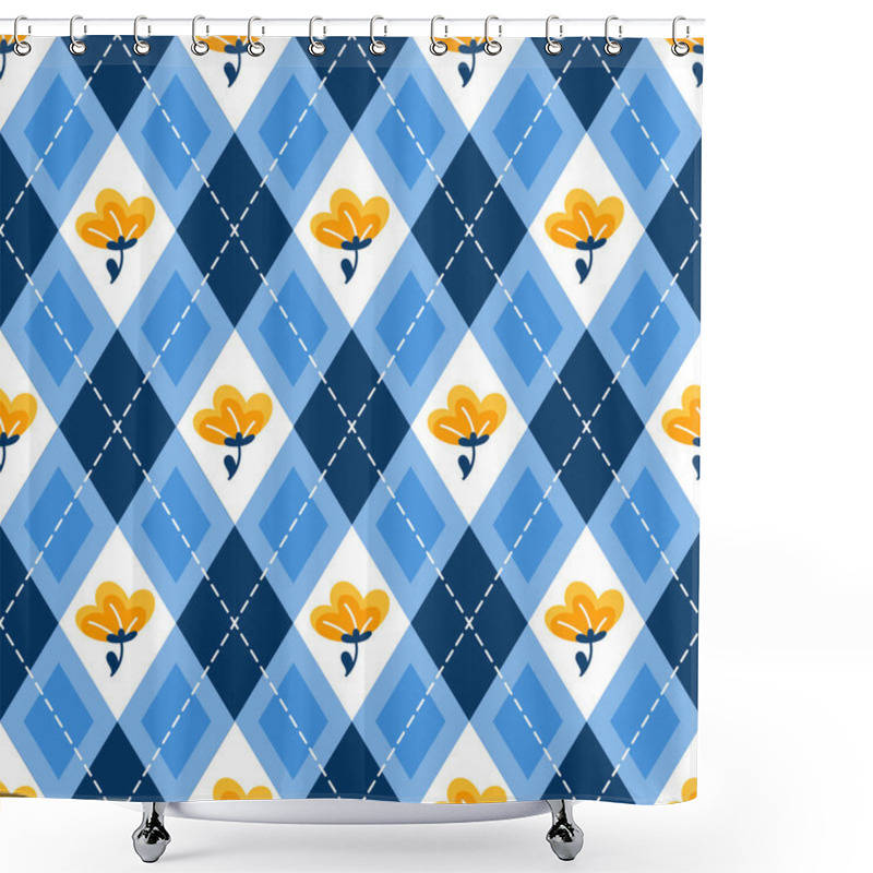 Personality  Elegant Seamless Pattern Featuring A Blue And White Diamond Checkered Background Adorned With Yellow Floral Elements, Perfect For Summer Or Spring Fabric Design Shower Curtains