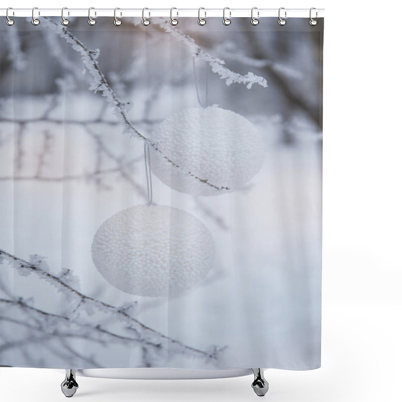 Personality  Hristmas Balls On White Snowy Background  Shower Curtains