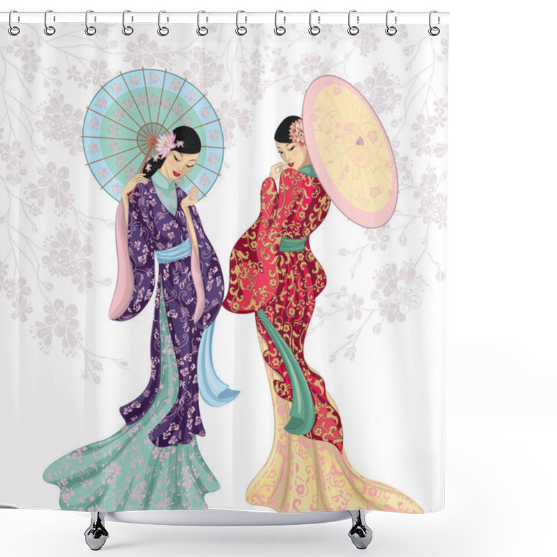 Personality  Chinese Beauties With Umbrellas Shower Curtains