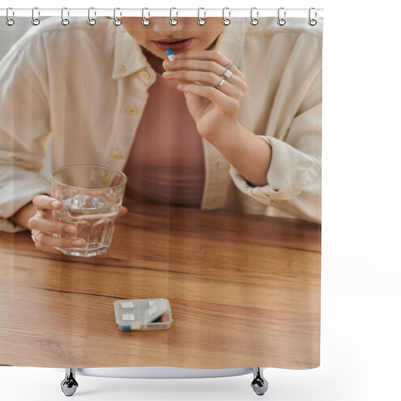 Personality  A Young Woman Prepares To Take Her Daily Vitamins With A Glass Of Water At Her Dining Table. Shower Curtains