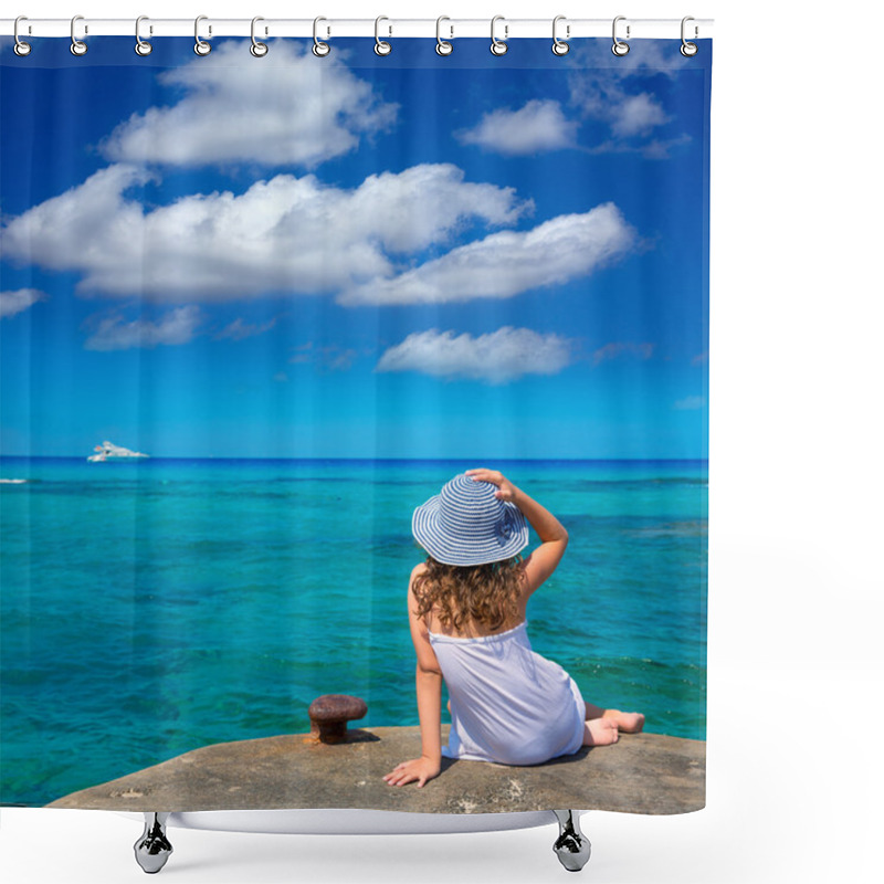 Personality  Girl Looking At Beach In Formentera Turquoise Mediterranean Shower Curtains