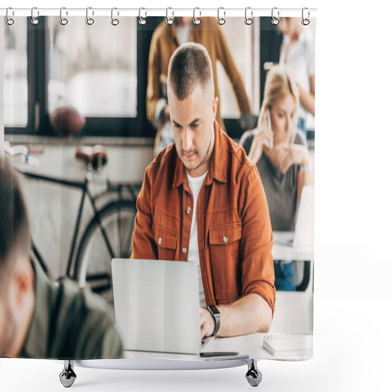 Personality  Attractive Young Man Working With Laptop At Open Space Office With Colleagues On Background Shower Curtains