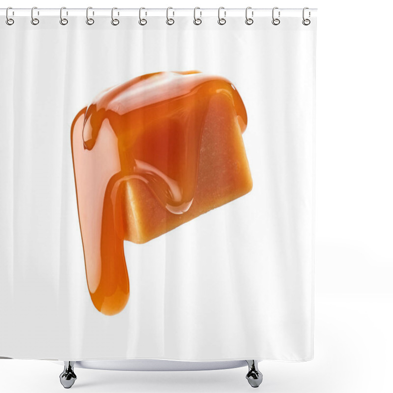 Personality  Caramel Sauce Flowing On Levitating Caramel Candy Isolated On White Background Shower Curtains