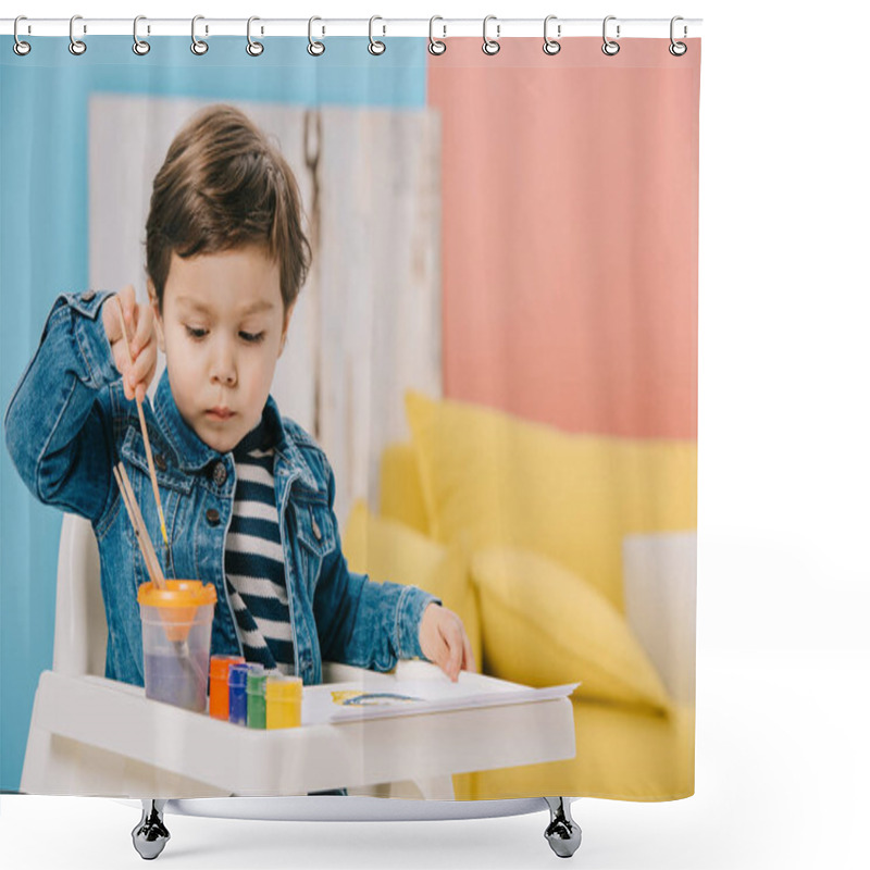 Personality  Cute Little Boy Choosing Painting Brush While Sitting On Highchair With Watercolor Paints On Table Shower Curtains