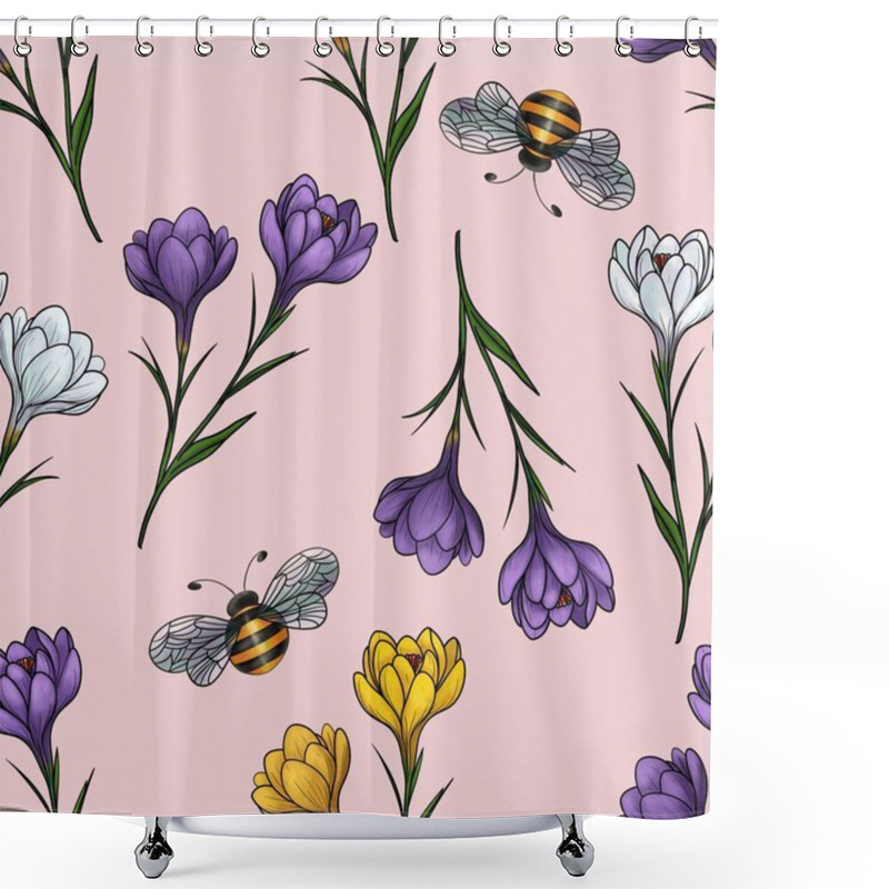 Personality  Seamless Pattern Of Spring Crocuses In Purple, White, And Yellow With Bees In Big Design On Soft Pink Background Shower Curtains