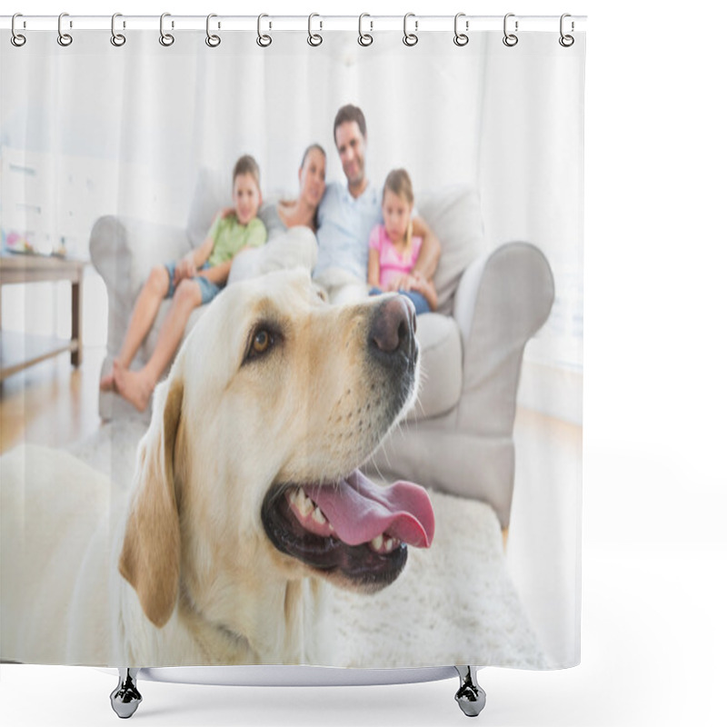 Personality  Happy Family Sitting On Couch With Their Pet Yellow Labrador In Foreground Shower Curtains