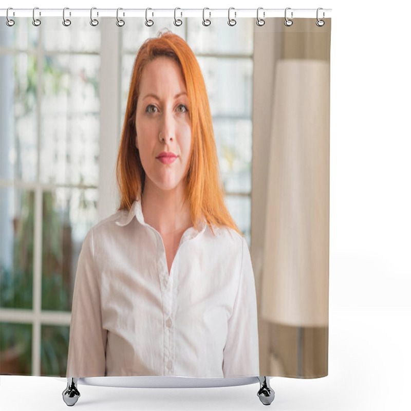 Personality  Redhead Woman Wearing White Shirt At Home With A Confident Expression On Smart Face Thinking Serious Shower Curtains