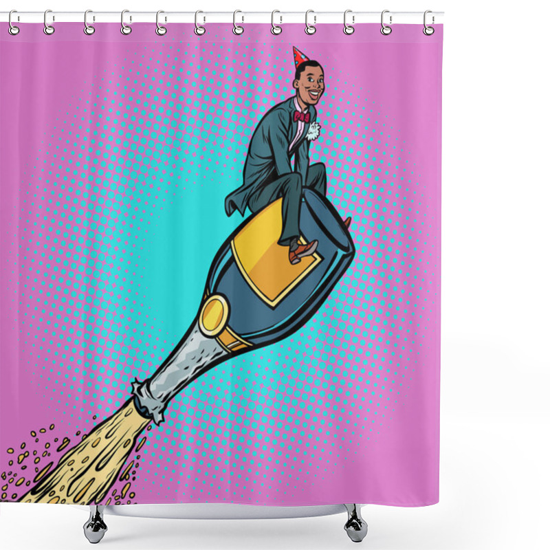 Personality  Champagne Wine, African Man Flying On A Bottle. Holiday Celebrat Shower Curtains