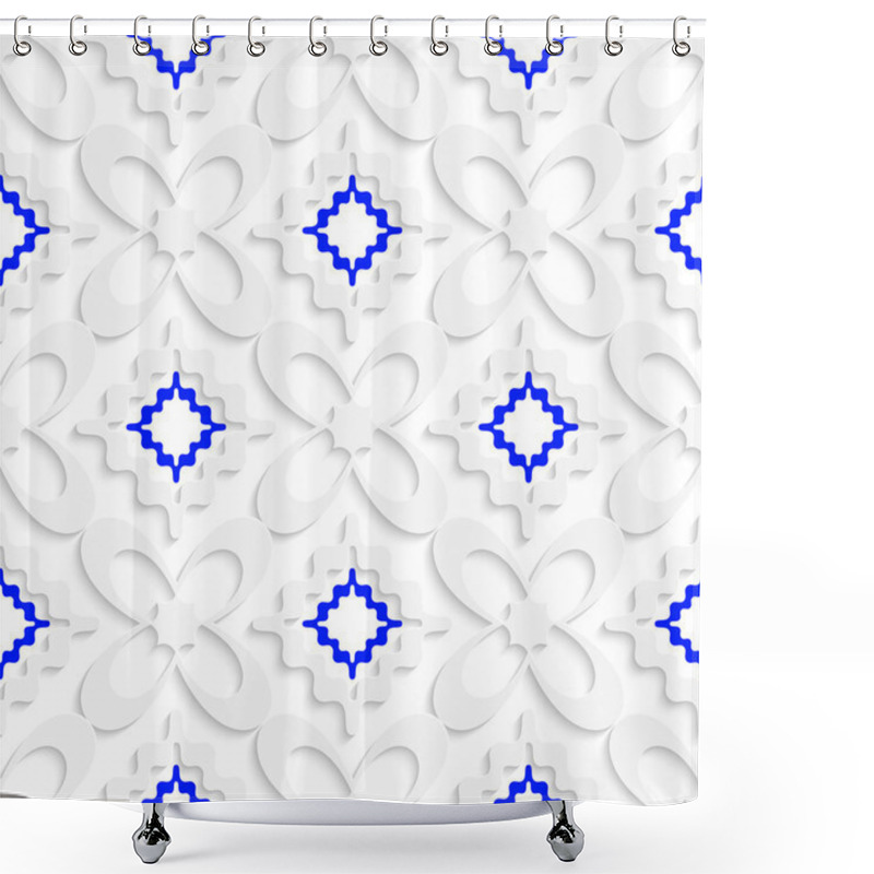 Personality  Diagonal White And Blue Wavy Squares And Flowers Pattern Shower Curtains