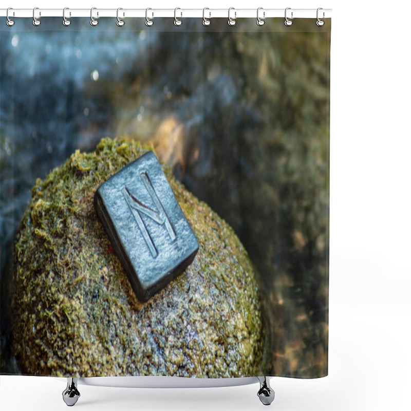 Personality  Norse Rune Hagalaz (Hagal) On The Stone And The Evening River Background. Excitement, Shake, Exit The Comfort Zone. Getting Rid Of Old Unnecessary Patterns. Shower Curtains