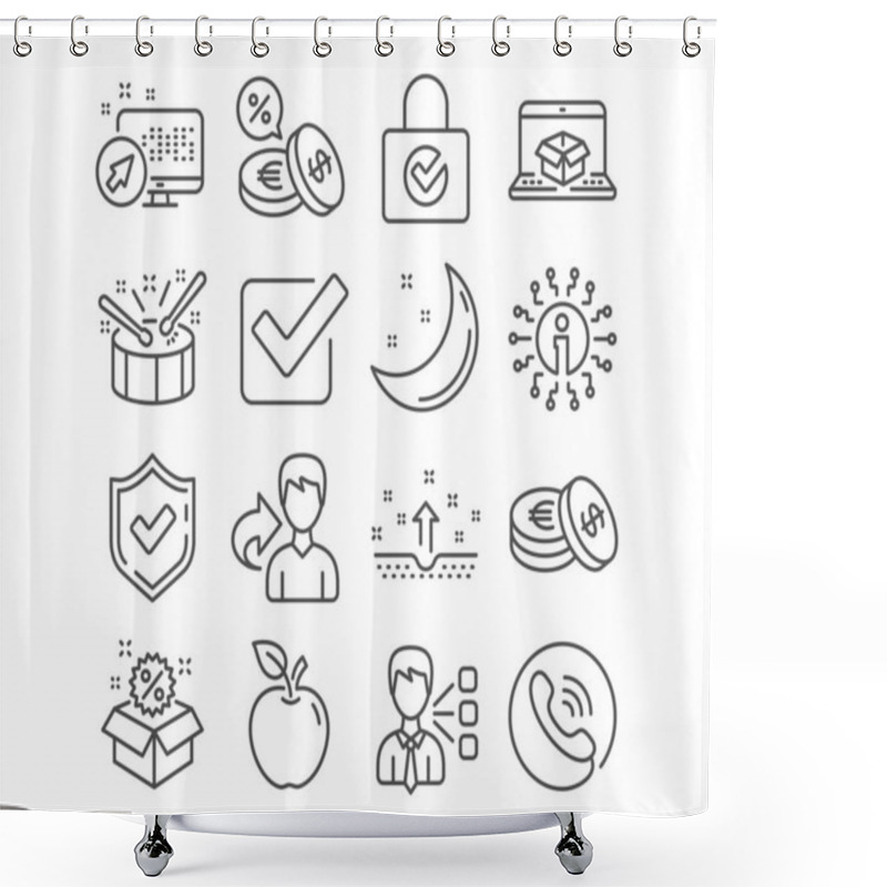 Personality  Set Of Sale, Checkbox And Clean Skin Icons. Savings, Password Encryption And Currency Exchange Signs. Online Delivery, Drums And Third Party Symbols. Discount, Approved Tick, Cosmetics. Vector Shower Curtains