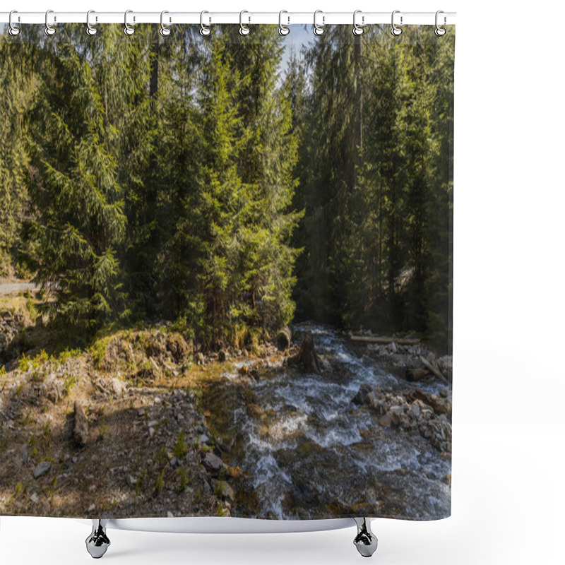 Personality  Mountain River Near Trees On Shore In Forest Shower Curtains