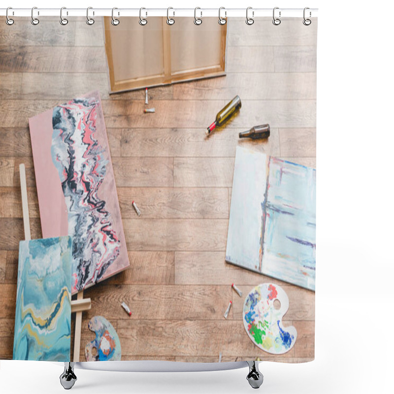 Personality  High Angle View Of Paintings, Draw Utensils And Empty Bottles On Wooden Floor In Painting Studio Shower Curtains