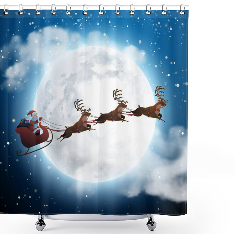 Personality  Santa Claus Flying On A Sleigh With Deer At Night And Big Moon. Snowy Christmas Landscape Concept For Greeting Or Postal Card. Background Vector Illustration In Cartoon Style Shower Curtains