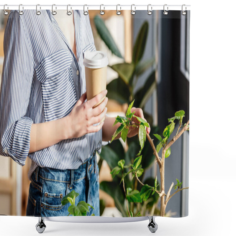 Personality  Cropped Image Of Young Woman With Coffee Touching Potted Plant  Shower Curtains