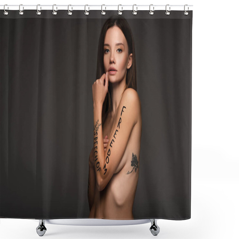 Personality  Nude And Tattooed Woman With Freedom Of Speech Phrase Written On Arm Isolated On Dark Grey Shower Curtains