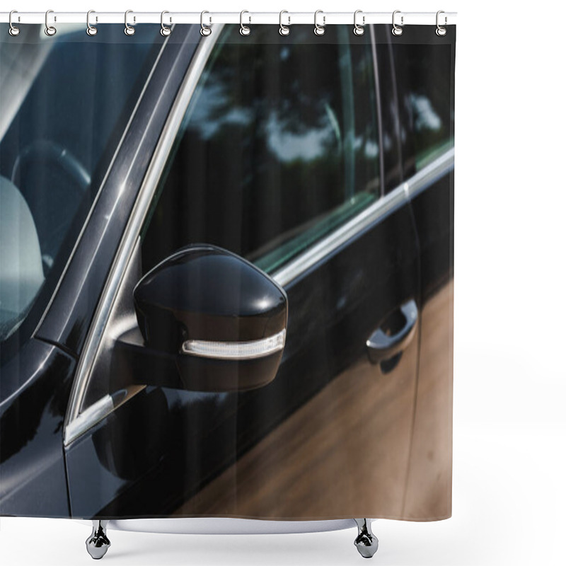 Personality  Selective Focus Of Long Range Mirror On Black Car Outdoors Shower Curtains