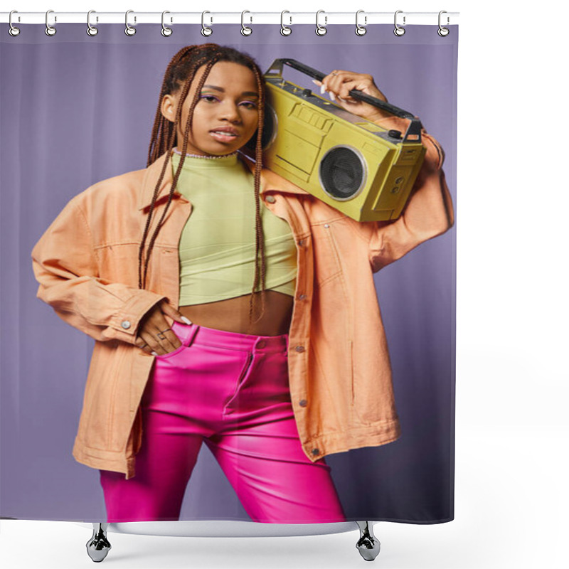 Personality  Stylish African American Girl With Dreadlocks Standing With Retro Boombox On Purple Backdrop Shower Curtains