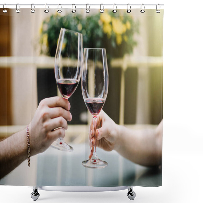 Personality  Cheers. Young Loving Couple Sitting Close To Each Other Smiling And  Toasting With Two Red Wine Glasses. Shower Curtains